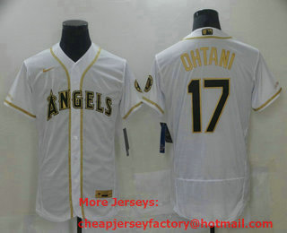 Men's Los Angeles Angels #17 Shohei Ohtani White With Gold Stitched MLB Flex Base Nike Jersey
