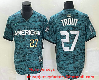 Men's Los Angeles Angels #27 Mike Trout Number Teal 2023 All Star Cool Base Stitched Jersey 01