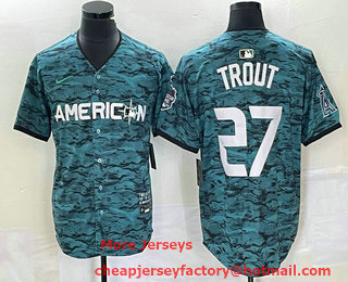 Men's Los Angeles Angels #27 Mike Trout Teal 2023 All Star Cool Base Stitched Jersey 01