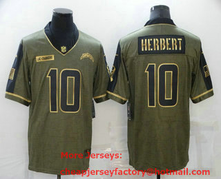 Men's Los Angeles Chargers #10 Justin Herbert 2021 Olive Salute To Service Golden Limited Stitched Jersey