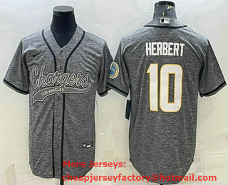 Men's Los Angeles Chargers #10 Justin Herbert Grey Gridiron With Patch Cool Base Stitched Baseball Jersey