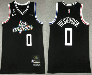 Men's Los Angeles Clippers #0 Russell Westbrook 2023 Black City Edition With 6 Patch Stitched Jersey With Sponsor