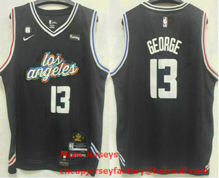 Men's Los Angeles Clippers #13 Paul George 2023 Black City Edition With 6 Patch Stitched Jersey With Sponsor