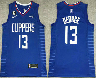 Men's Los Angeles Clippers #13 Paul George Royal With 6 Patch Stitched Jersey