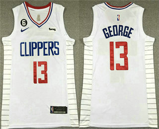 Men's Los Angeles Clippers #13 Paul George White With 6 Patch Stitched Jersey