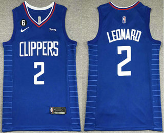 Men's Los Angeles Clippers #2 Kawhi Leonard Blue 6 Patch Sponsor Icon Swingman Jersey