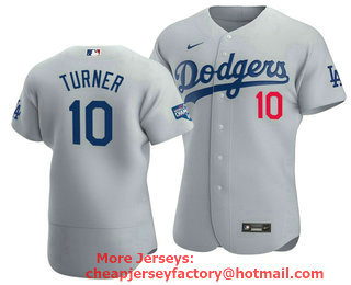 Men's Los Angeles Dodgers #10 Justin Turner 2020 Grey World Series Champions Patch Flex Base Sttiched Jersey