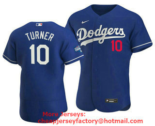 Men's Los Angeles Dodgers #10 Justin Turner 2020 Royal World Series Champions Patch Flex Base Sttiched Jersey