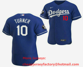 Men's Los Angeles Dodgers #10 Justin Turner 2022 Blue Vin Scully Patch Flex Base Stitched Baseball Jersey