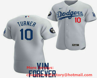 Men's Los Angeles Dodgers #10 Justin Turner 2022 Grey Vin Scully Patch Flex Base Stitched Baseball Jersey