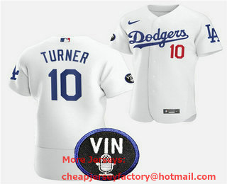 Men's Los Angeles Dodgers #10 Justin Turner 2022 White Vin Scully Patch Flex Base Stitched Baseball Jersey