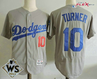 Men's Los Angeles Dodgers #10 Justin Turner Gray Alternate 2017 World Series Patch Stitched MLB Flex Base Jersey