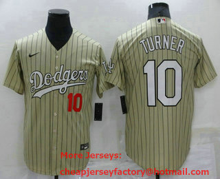 Men's Los Angeles Dodgers #10 Justin Turner Cream Pinstripe Stitched MLB Cool Base Nike Jersey