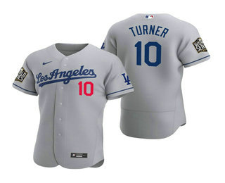 Men's Los Angeles Dodgers #10 Justin Turner Gray 2020 World Series Authentic Road Flex Nike Jersey