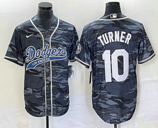 Men's Los Angeles Dodgers #10 Justin Turner Grey Camo Cool Base With Patch Stitched Baseball Jersey 01
