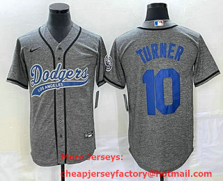 Men's Los Angeles Dodgers #10 Justin Turner Grey Gridiron Cool Base Stitched Baseball Jersey