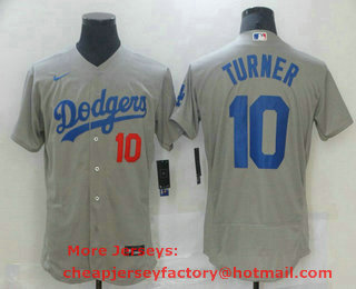 Men's Los Angeles Dodgers #10 Justin Turner Grey With Dodgers Stitched MLB Flex Base Jersey