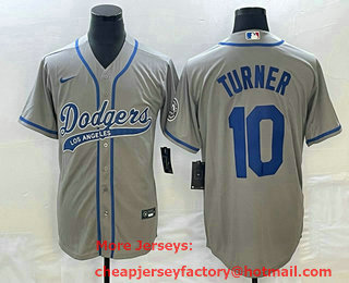 Men's Los Angeles Dodgers #10 Justin Turner Grey With Patch Cool Base Stitched Baseball Jersey 01