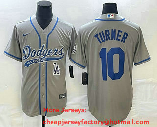 Men's Los Angeles Dodgers #10 Justin Turner Grey With Patch Cool Base Stitched Baseball Jersey 02