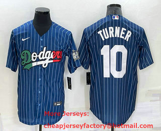 Men's Los Angeles Dodgers #10 Justin Turner Navy Blue Pinstripe 2020 World Series Cool Base Nike Jersey
