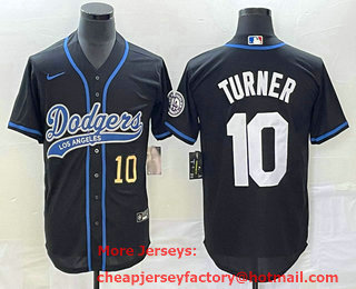 Men's Los Angeles Dodgers #10 Justin Turner Number Black With Patch Cool Base Stitched Baseball Jersey
