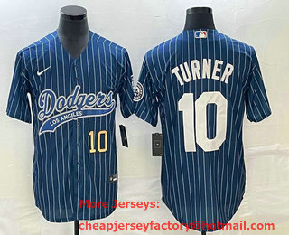 Men's Los Angeles Dodgers #10 Justin Turner Number Blue Pinstripe Cool Base Stitched Baseball Jersey