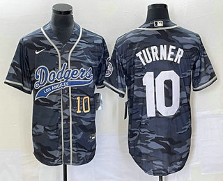 Men's Los Angeles Dodgers #10 Justin Turner Number Grey Camo Cool Base With Patch Stitched Baseball Jersey 01