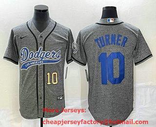 Men's Los Angeles Dodgers #10 Justin Turner Number Grey Gridiron Cool Base Stitched Baseball Jersey