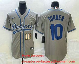 Men's Los Angeles Dodgers #10 Justin Turner Number Grey With Patch Cool Base Stitched Baseball Jersey 01