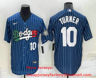 Men's Los Angeles Dodgers #10 Justin Turner Number Navy Blue Pinstripe 2020 World Series Cool Base Nike Jersey