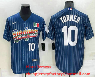 Men's Los Angeles Dodgers #10 Justin Turner Number Rainbow Blue Red Pinstripe Mexico Cool Base Nike Jersey 01