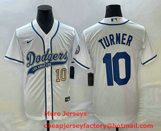 Men's Los Angeles Dodgers #10 Justin Turner Number White With Patch Cool Base Stitched Baseball Jersey 01