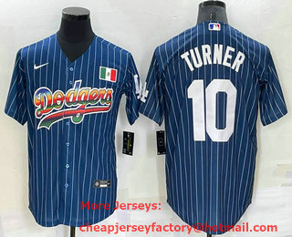 Men's Los Angeles Dodgers #10 Justin Turner Rainbow Blue Red Pinstripe Mexico Cool Base Nike Jersey