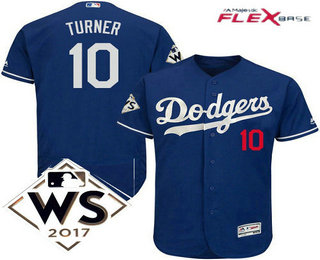 Men's Los Angeles Dodgers #10 Justin Turner Royal Blue Alternate 2017 World Series Patch Flex Base MLB Jersey