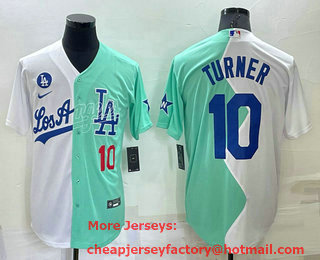 Men's Los Angeles Dodgers #10 Justin Turner White Green Number 2022 Celebrity Softball Game Cool Base Jersey 01