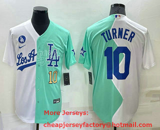 Men's Los Angeles Dodgers #10 Justin Turner White Green Number 2022 Celebrity Softball Game Cool Base Jersey 02