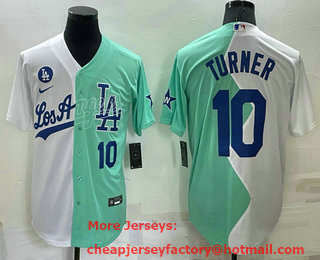 Men's Los Angeles Dodgers #10 Justin Turner White Green Number 2022 Celebrity Softball Game Cool Base Jersey 03