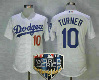 Men's Los Angeles Dodgers #10 Justin Turner White Home 2018 World Series Patch Stitched MLB Majestic Flex Base Jersey