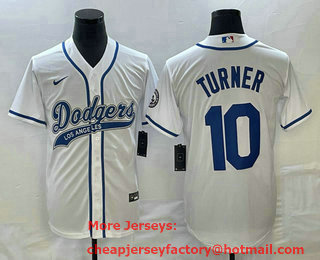 Men's Los Angeles Dodgers #10 Justin Turner White With Patch Cool Base Stitched Baseball Jersey 01