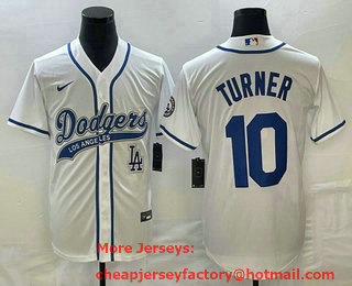 Men's Los Angeles Dodgers #10 Justin Turner White With Patch Cool Base Stitched Baseball Jersey 02