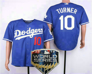 Men's Los Angeles Dodgers #10 Justin Turner With Small Number Royal Blue 2018 World Series Patch Stitched MLB Cool Base MLB Jersey