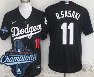 Men's Los Angeles Dodgers #11 Roki Sasaki Black 2025 World Series Champions Cool Base Jersey