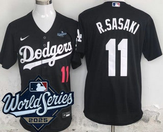 Men's Los Angeles Dodgers #11 Roki Sasaki Black 2025 World Series Cool Base Jersey