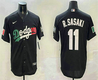 Men's Los Angeles Dodgers #11 Roki Sasaki Black Mexico With World Series Patch Cool Base Stitched Baseball Jersey