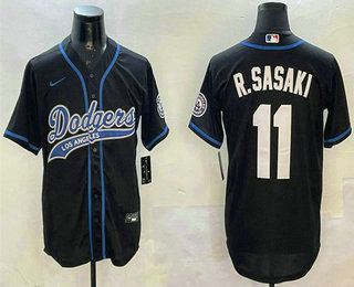 Men's Los Angeles Dodgers #11 Roki Sasaki Black With Patch Cool Base Stitched Baseball Jersey