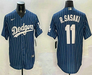 Men's Los Angeles Dodgers #11 Roki Sasaki Blue Pinstripe Cool Base Stitched Jersey