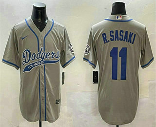 Men's Los Angeles Dodgers #11 Roki Sasaki Grey With Patch Cool Base Stitched Baseball Jersey