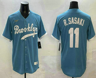 Men's Los Angeles Dodgers #11 Roki Sasaki Light Blue Cooperstown Collection Cool Base Jersey