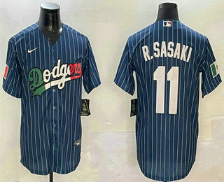 Men's Los Angeles Dodgers #11 Roki Sasaki Mexico Blue Pinstripe Cool Base Stitched Jersey