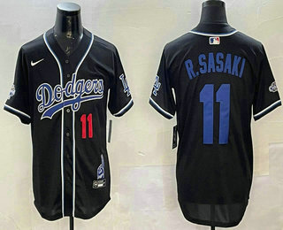Men's Los Angeles Dodgers #11 Roki Sasaki Number Black 2024 World Series Champions Limited Fashion Jersey